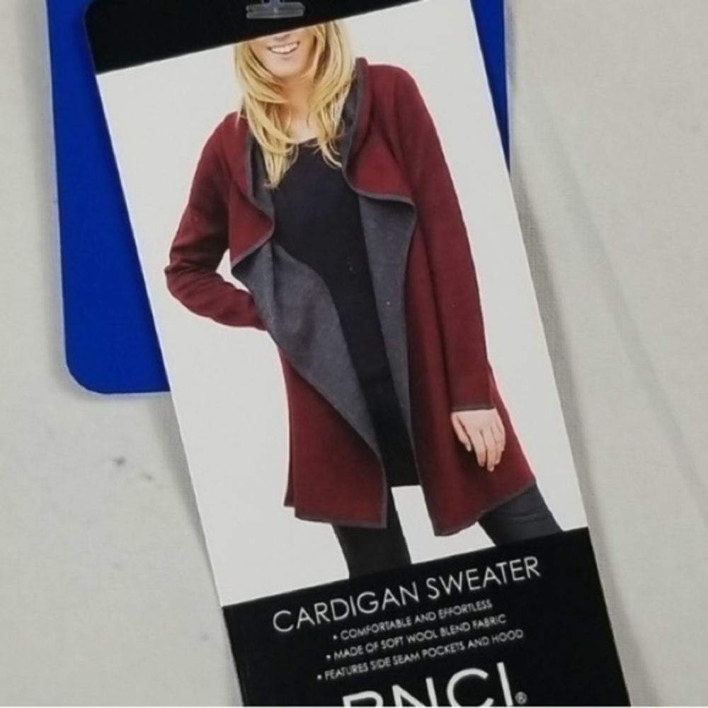 BNCI wool blend hooded Burgundy and charcoal pocket cozy cardigan medium